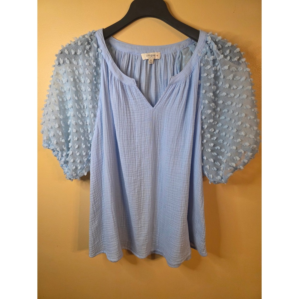 Umgee Plus Light Blue Gauze Swiss Dot Puff Sleeve Blouse XL